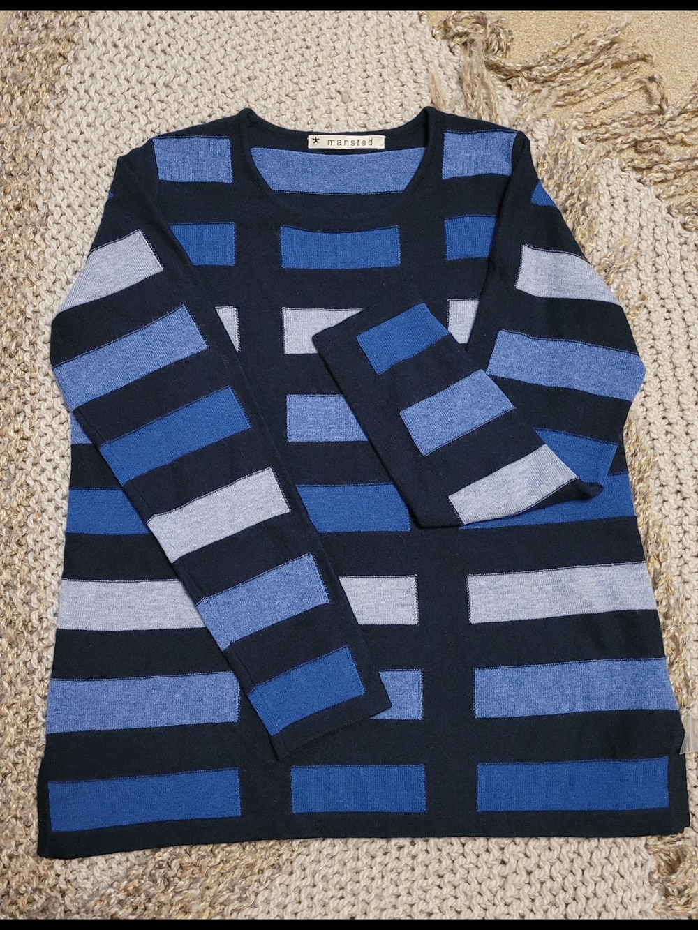 Mansted Denmark Blue & Gray Casual Collegiate Preppy Fall Wool Crewneck Sweater